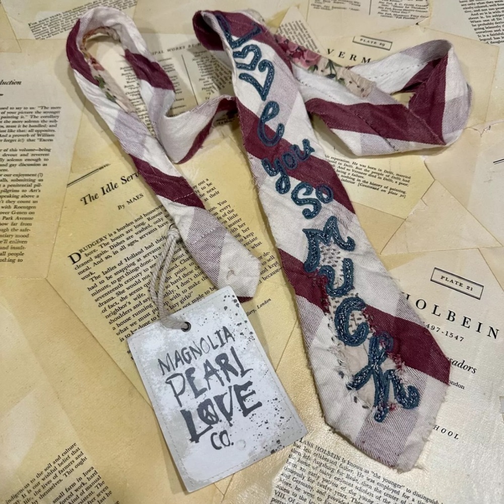 Magnolia Pearl Monty Tie Jabot "Love You So Much" Embroidered Red Tan Stripe - Picture 3 of 6